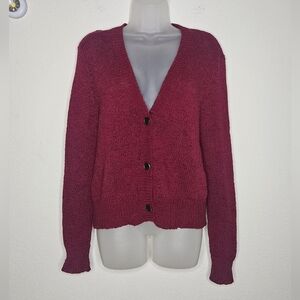 Lauren Ralph Lauren Burgundy Red Chunky Open Knit Button Front Cardigan